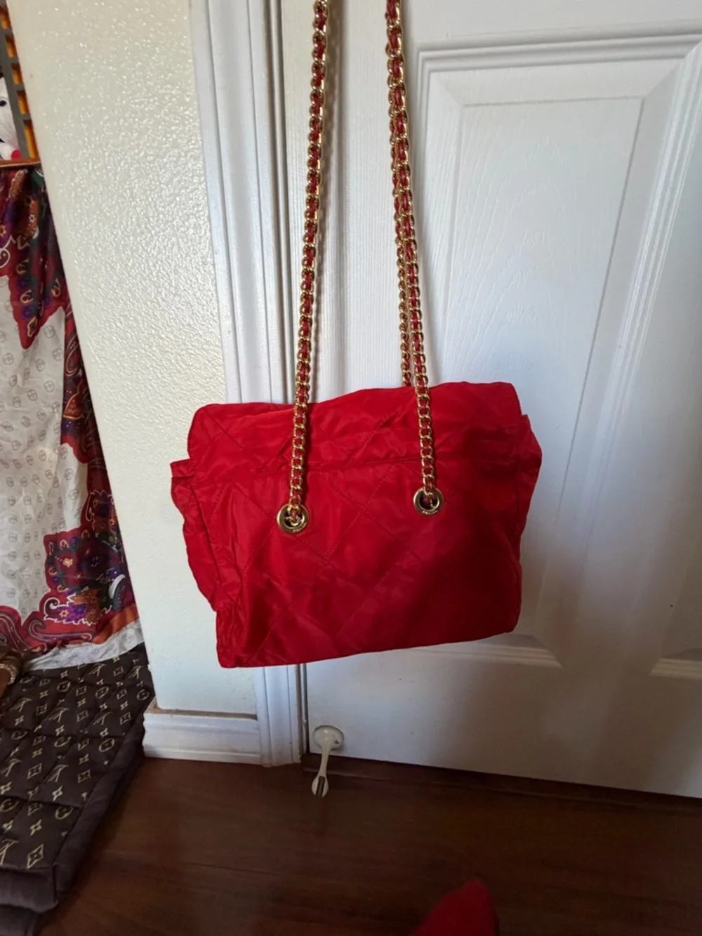 Prada Red Quilted Nylon Shoulder Bag with Gold Chain - Picture 6 of 13